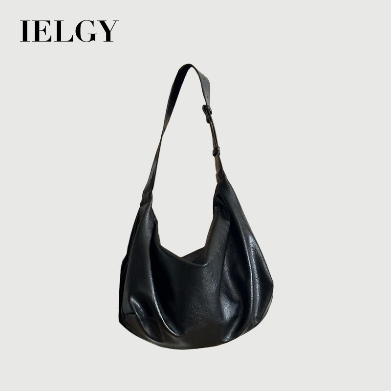 IELGY หนังนุ่มขนาดใหญ่ความจุสีดํา Dumpling กระเป๋า Retro High-End Casual ไหล่ข้า