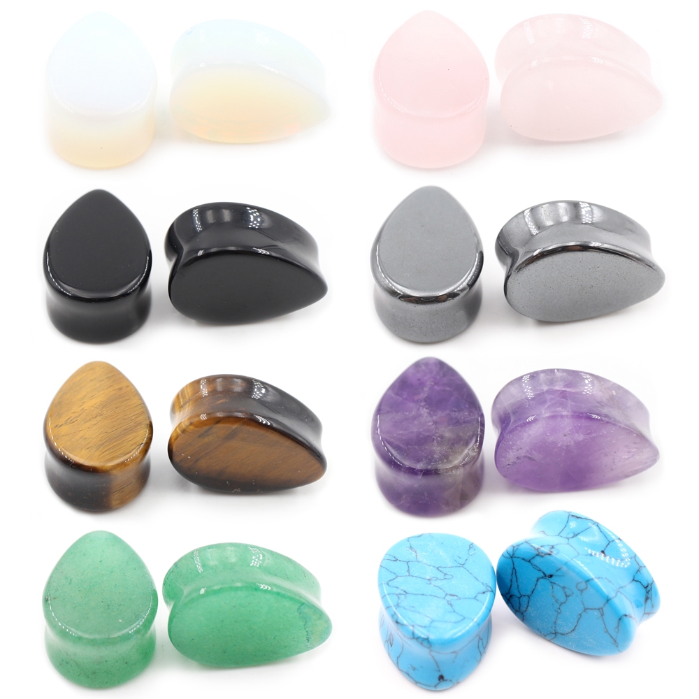 Alisouy 2 ชิ้นหินธรรมชาติพื้นผิวแบน Water Drop Ear Plugs อุโมงค์ Expander Stretcher หูต่างหูเครื่องวัด Body เจาะเครื่องประดับ