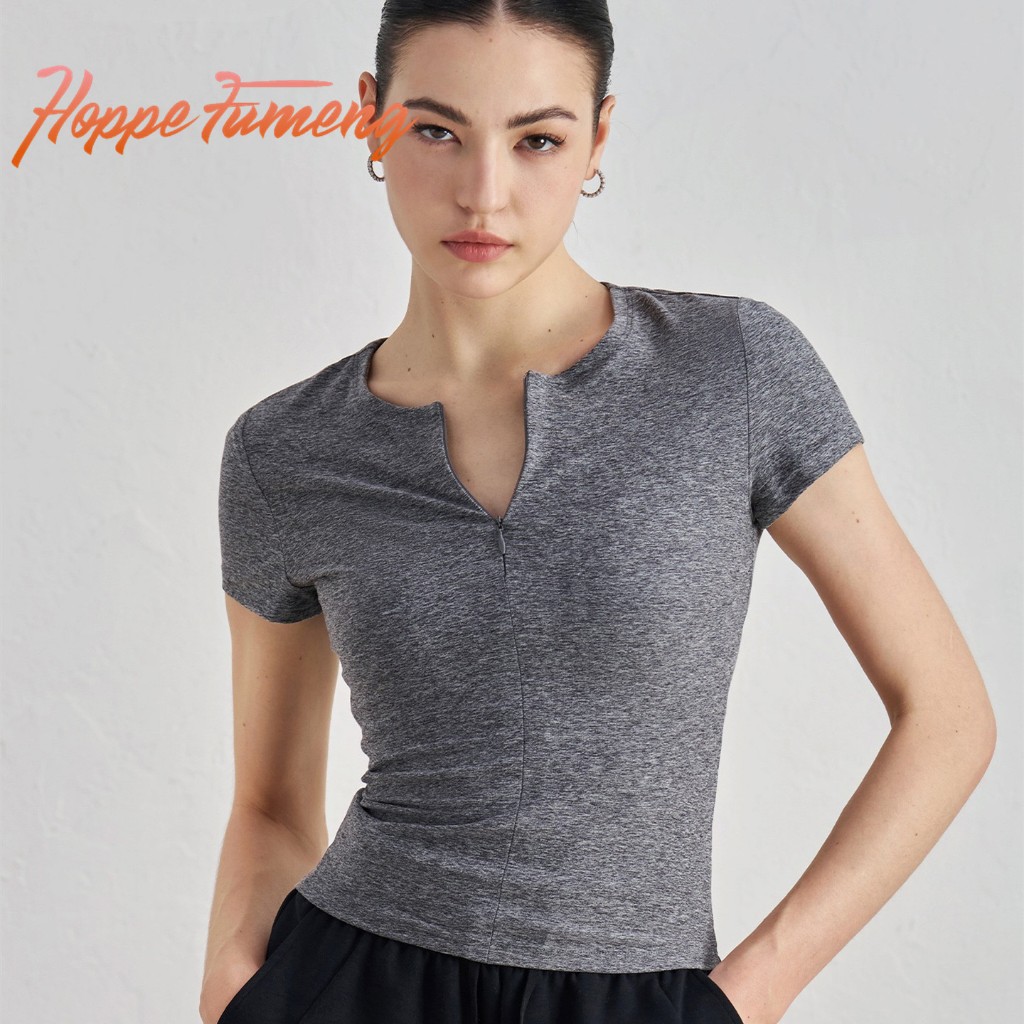 เสื้อยืดสปอร์ตแขนสั้นผู้หญิงhope Fumeng พร้อมแฟชั่นซิปครึ่งด้านหน้า