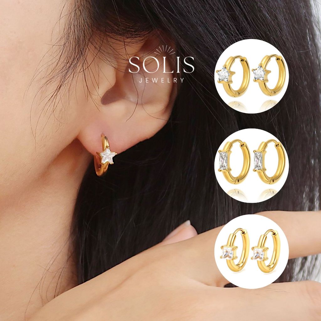 Star สี่เหลี่ยมผืนผ้าZircon Hoop ต่างหู • ต่างหูกันน้ํา Non-Tarnish Hypoallergenic แฟชั่นสําหรับผู้หญิง ER411