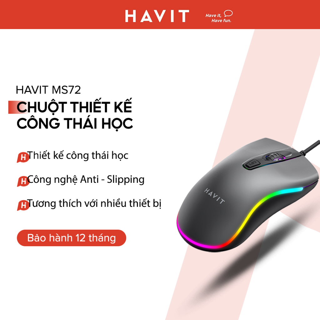 Havit MS72 เมาส์แบบมีสาย ความไวสูงสุด 1200 DPI พร้อมไฟ RGB - Havit