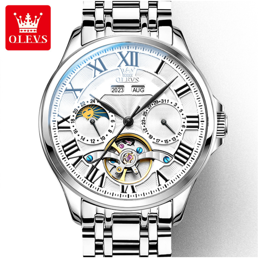 มะกอก 7013 แฟชั่นปฏิทินลําลองนาฬิกากลไกอัตโนมัติดวงจันทร์เฟสนาฬิกาผู้ชาย (ฟรีกล่องนาฬิกาประณีต)