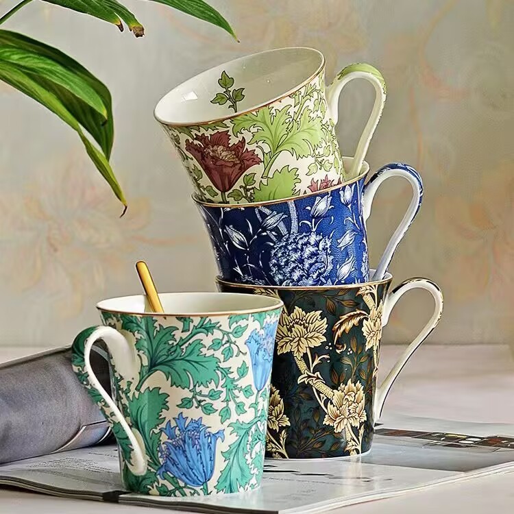 Bone China ถ้วยกาแฟมือแก้วยุโรปนมอาหารเช้าถ้วยน้ําชายามบ่าย