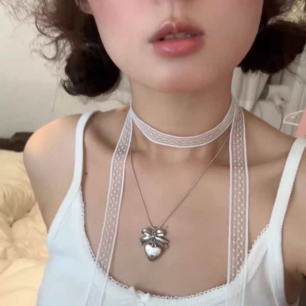เกาหลี สร้อยคอหัวใจโบว์วินเทจผู้หญิงสีเงินอินของขวัญวันเกิดนักเรียน