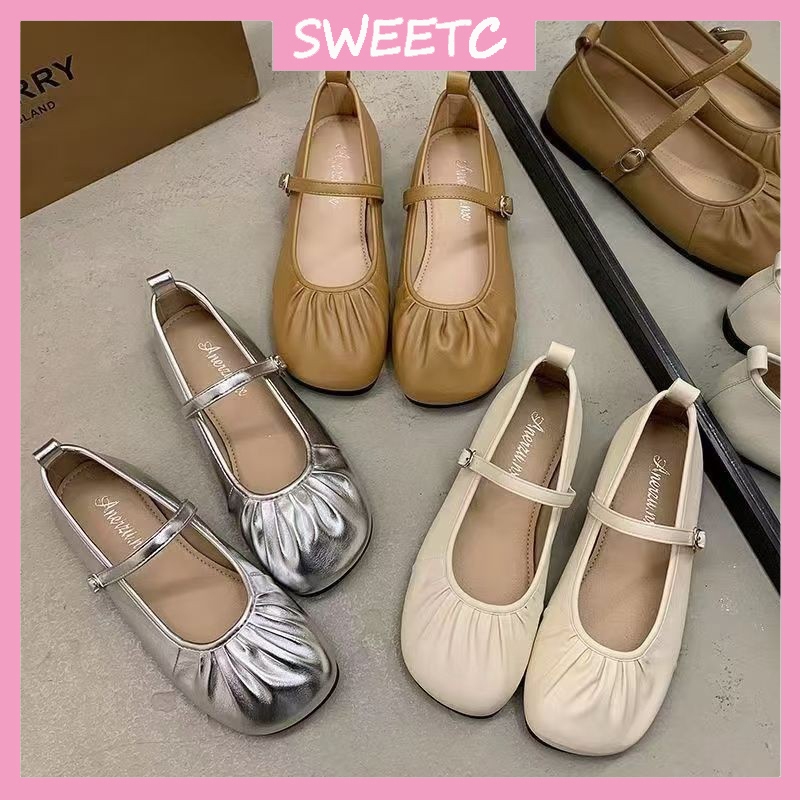 รองเท้า Mary Jane สำหรับผู้หญิง รองเท้าบัลเลต์หัวมนแบบมีระบาย พื้นนุ่ม แฟชั่น