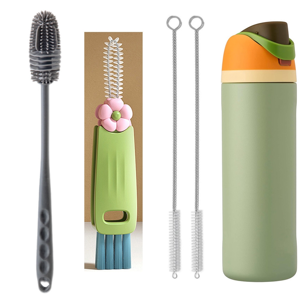 4pcs Long Handle ขวดแปรงสําหรับ Owala ขวดน้ําฟางแปรงทําความสะอาดสําหรับ Owala FreeSip 24oz/32oz/40oz Plus 3 in 1 ถ้วยแปรงทําความสะอาดฝา