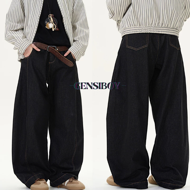 Gensiboy-กางเกงยีนส์ผู้ชาย ทรงบอลลูน สีดํา ขากว้างลําลอง ขายาว ทรงหลวม ขนาดใหญ่ แนวสตรีท แนวตรง baggyjeans