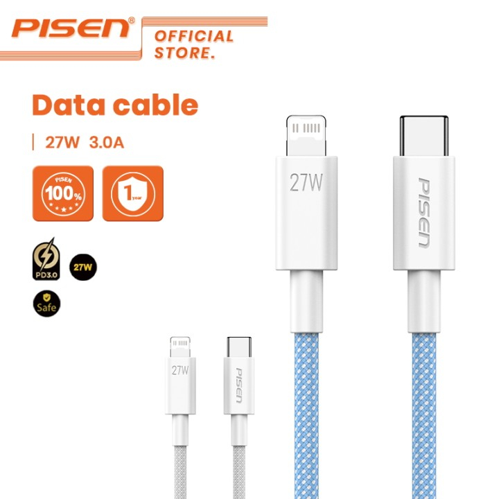 PISEN(CL-PD10) Type C ถึง L Fast Charging Cable สายชาร์จไนลอนถักหลากสี 3A PD27W 1M-2M