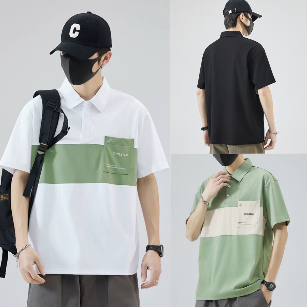 ProMan-เสื้อโปโลแบบบางสำหรับฤดูร้อน  แขนสั้นคอปกผู้ชาย  สีต่อ  ลายทาง  ไซส์ใหญ่
