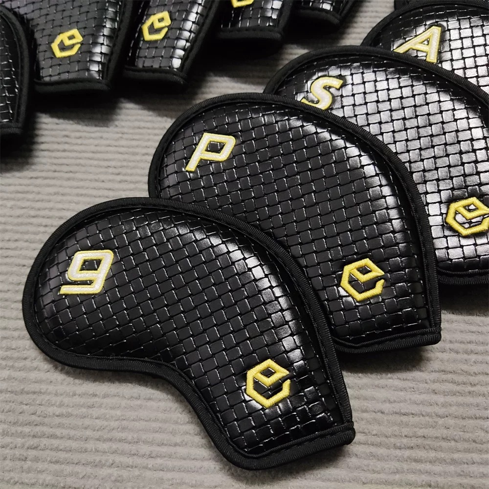 ฝาครอบเหล็กกอล์ฟหนังทอสีดําหนังกันน้ํา 10 ชิ้นชุด Druable Fit Club Headcovers แม่เหล็ก