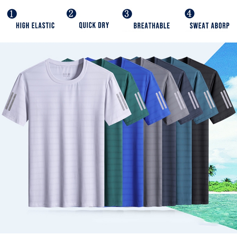 L-8xl ขนาดผู้ชายผ้าไหมน้ําแข็งรอบคอกีฬาแห้งเร็วเสื้อยืดหลวมวิ่ง Tee เสื้อ Gymwear BB341