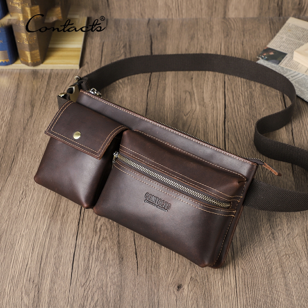 CONTACT'S ของแท้หนังผู้ชายเอวกระเป๋า Full Grain หนังชายเอวแพ็คกระเป๋าสะพายข้าง Fanny Bump Bag