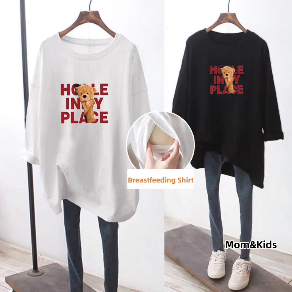 Mom & Kids [ช่วงตั้งครรภ์+ให้นม] เสื้อให้นมแขนยาวฤดูใบไม้ผลิฤดูใบไม้ร่วงออกนอกบ้านร้อนแม่หลวมขนาดใหญ่เสื้อผ้าพยาบาลแขนยาวเสื้อผ้าพยาบาล