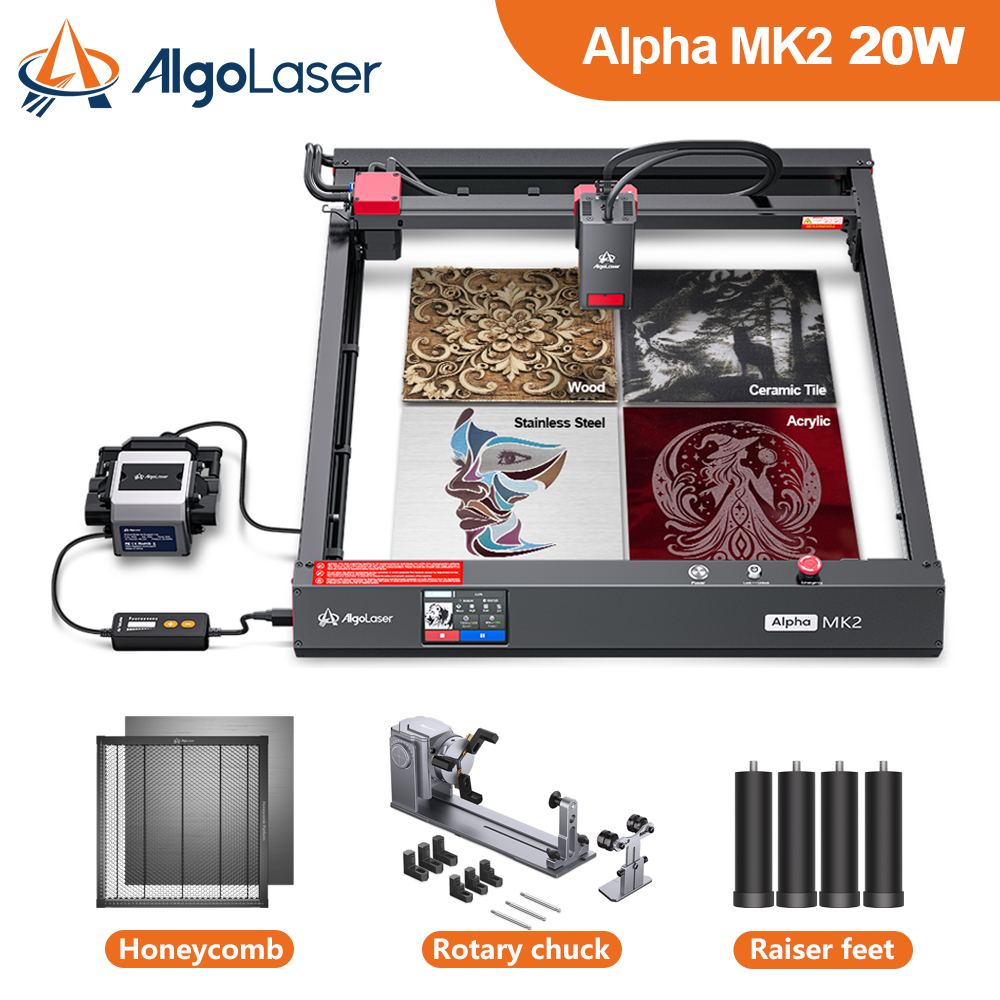 Algolaser Alpha MK2 20W พร้อม Rotary Chuck เลเซอร์แกะสลักสําหรับ Yeti ถ้วยแก้ว Ball เครื่องตัดเลเซอร์สําหรับไม้อะคริลิค