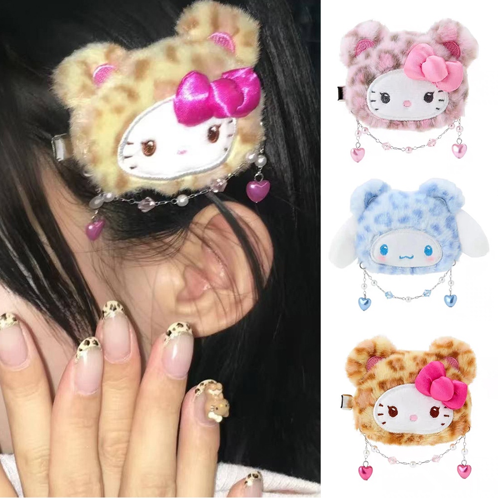 Hello Kitty Sanrio Plush กิ๊บติดผมพิมพ์ลายเสือดาวน่ารักเครื่องประดับผมการ์ตูน