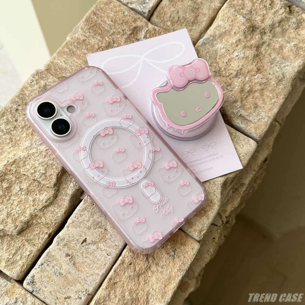 การ์ตูน Hello Kitty Mirror Magnetic bracket เคสโทรศัพท์สําหรับ iPhone 13 14 15 16 Pro Max กันกระแทกปกอ่อน