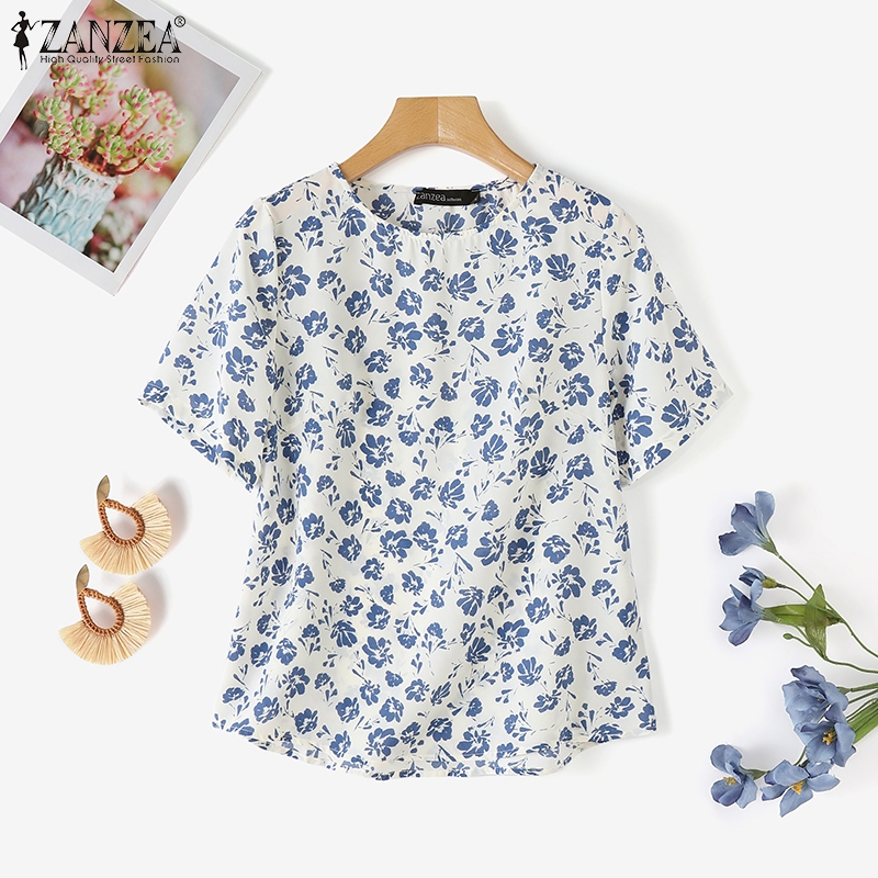 Zanzea เสื้อเบลาส์คอกลมดีไซน์พิมพ์ลายดอกไม้แฟชั่นเกาหลีสําหรับผู้หญิง
