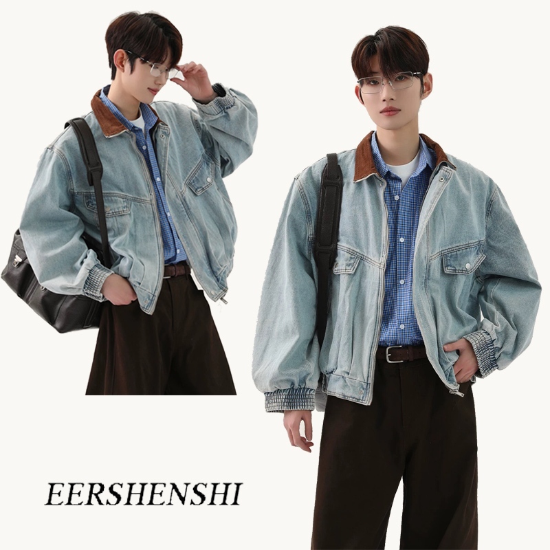 Eershenshi สไตล์อเมริกัน Retro แจ็คเก็ตยีนส์สั้นผู้ชายและผู้หญิงหลวมอินเทรนด์ All-Match Overalls