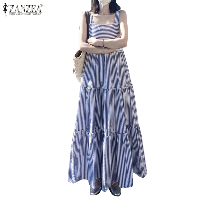 Zanzea ชุดเดรสแขวนลายทางแขนกุดลําลองสไตล์เกาหลีสําหรับผู้หญิง