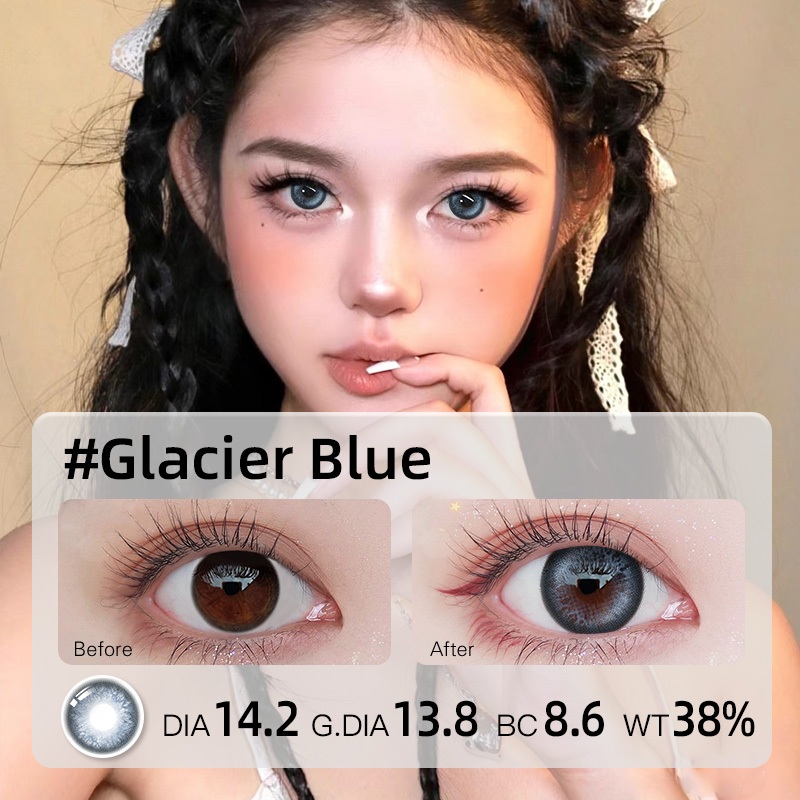 O2girl (COD) 2 ชิ้น Power(0 ~-8.00) สีฟ้าคอนแทคเลนส์สี Violet Natural Soft Eye เลนส์รายปีใช้ 14.2 มม