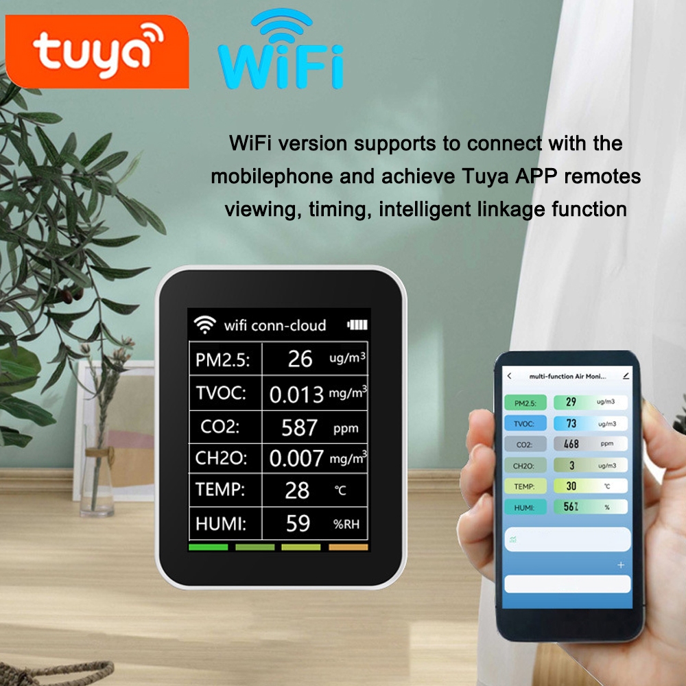 【ส่งจากไทย】Tuya WIFI 6in1 Air Quality Monitor/เครื่องตรวจจับคุณภาพอากาศ /ทดสอบความชื้นอุณหภูมิวัด for CO2 CH2O PM2.5  PM10 HCHO TVOC