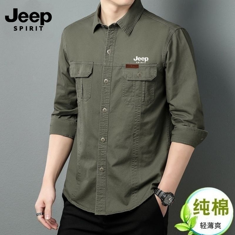 Jeep SPIRIT เสื้อเชิ้ตแขนยาวสําหรับสันทนาการสําหรับฤดูใบไม้ผลิและฤดูใบไม้ร่วงของผู้ชาย, ชุดทํางานผ้าฝ้ายแท้, เสื้อ Baita สันทนาการระดับไฮเอนด์, ผู