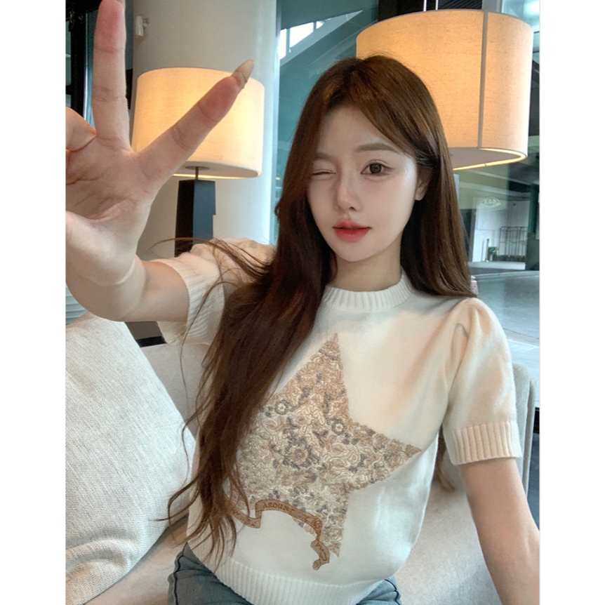 หนัก อุตสาหกรรม ปักเสื้อกันหนาวเสื้อยืดด้านบน 2025 ฤดูร้อนสไตล์ใหม่ระดับไฮเอนด์เฉพาะการออกแบบที่สวยงามแขนสั้น