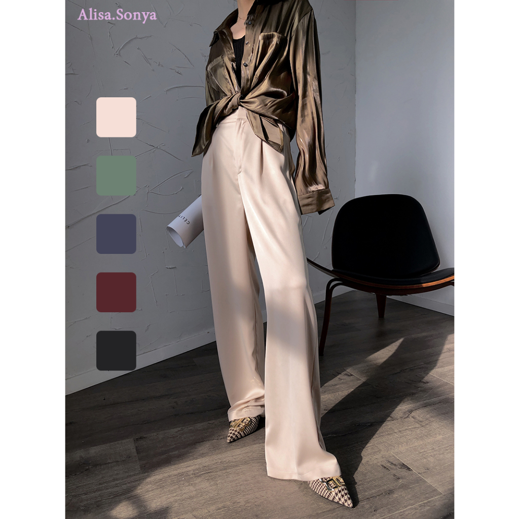 Alisa.Sonya กางเกงขายาว เอวสูง ผ้าซาติน สีพื้น หลวม ขากระบอก สำหรับผู้หญิง 20AS0601