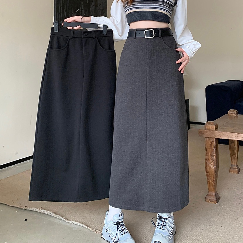 S-6XL กระโปรงสูทสีเทาผ่าข้างเอวสูง ทรงเข้ารูป ปลายกระโปรงพันสะโพก ความยาวปานกลาง