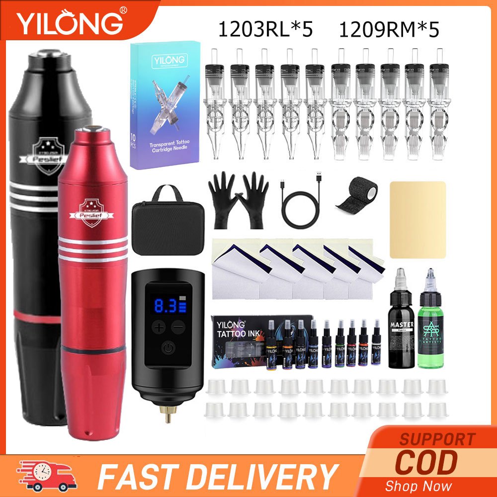 YILONG Professional Wireless Tattoo Pen Kit - 1500mAh Power Supply พร้อมเข็ม 10 ชิ้น & หมึกสี 10 สี (รวมฝึกผิวและอุปกรณ์เสริม)​