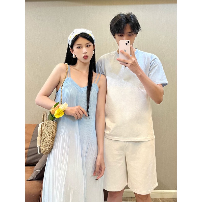 Blue Beach Couple Set Wear Women Long Dress Men Shirt Summer Holiday Tee Hawaiian Women Blouse