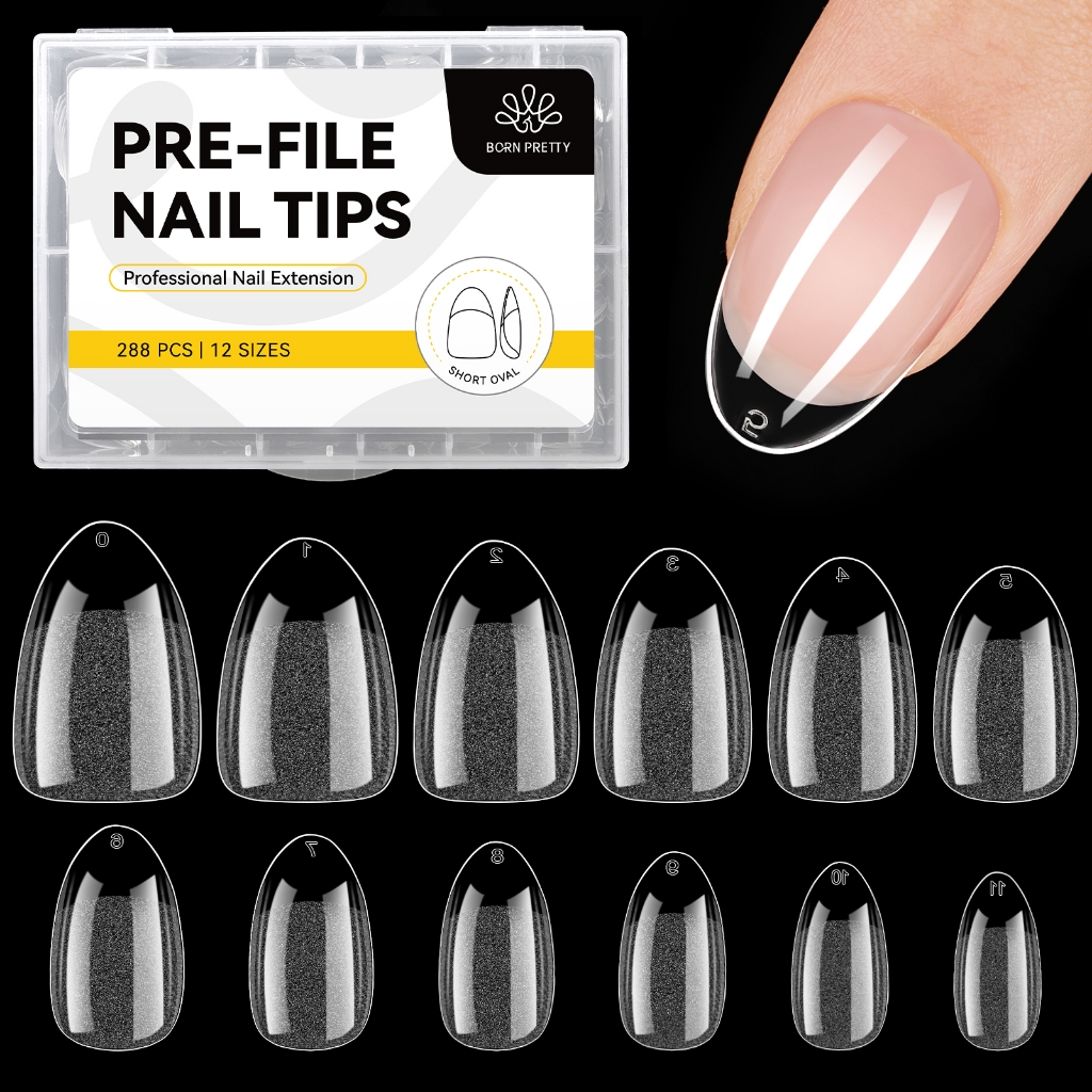 BORN PRETTY สั้นรูปไข่รูปร่างเล็บเคล็ดลับครึ่ง Matte เล็บปลอมเล็บปลอม 12 ขนาด Pre-shape เล็บใสเคล็ดลับ 288 ชิ้น/กล่อง