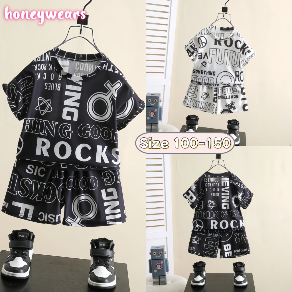 honeywears⚡️พร้อมส่ง⚡️ชุดเด็กชายหล่อๆ เสื้อยืดเท่ๆแขนสั้น+กางเกงขาสั้น ลำลองแฟชั่น สไตล์เกาหลี ไซส์ 100-150