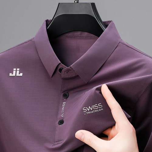 ProMan-แขนสั้นผ้าไหมไอซ์สำหรับฤดูร้อน  เสื้อโปโลผู้ชายแบบเรียบง่าย  พิมพ์ลายตัวอักษร  แมทช์ลุคง่าย  แบบหลวม