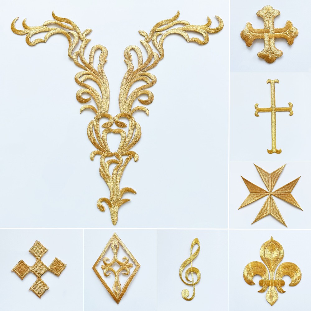 Gold Baroque Applique แพทช์ปักชุดเจ้าสาวผ้าคอเหล็กเย็บบน Patch สําหรับงานแต่งงานเสื้อผ้าชุดตกแต่ง DIY หัตถกรรม
