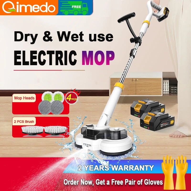 Qimedo Double Head 800 RPM เครื่องขัดพื้นไฟฟ้าไร้สายสําหรับทําความสะอาดห้องน้ํา Power Scrubber Mop พร้อมหัวแปรง 8 หัว