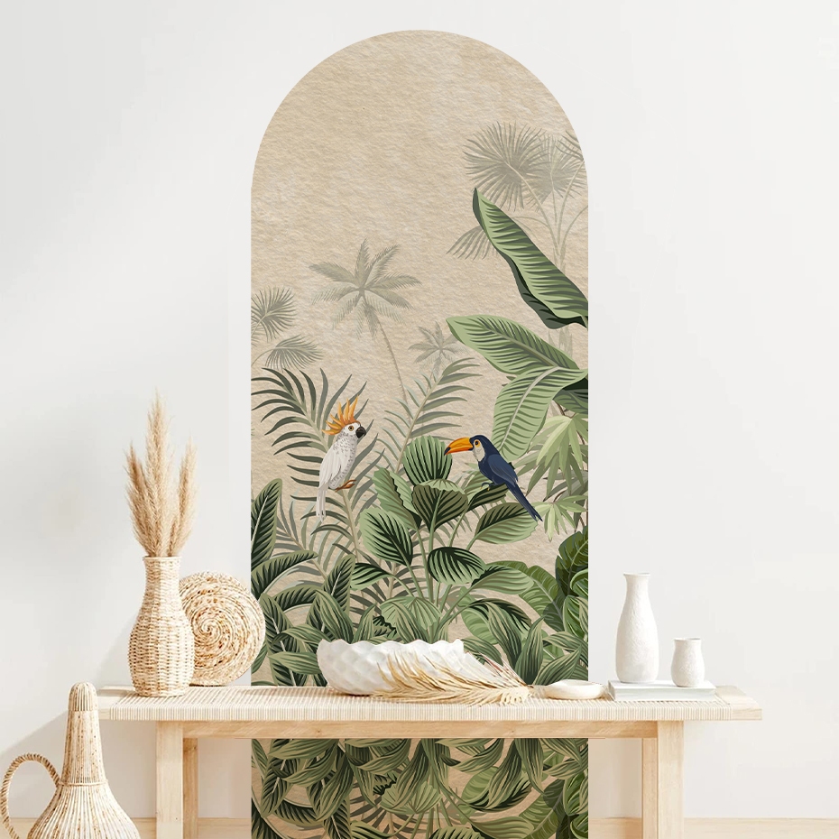 Arch Wall Decals Tropical และ Exotic พืชและใบไม้ PVC สติ๊กเกอร์ติดผนังภาพจิตรกรรมฝาผนังวอลล์เปเปอร์สําหรับห้องนั่งเล่นห้องนอนตกแต่งบ้าน Peel และ Stick