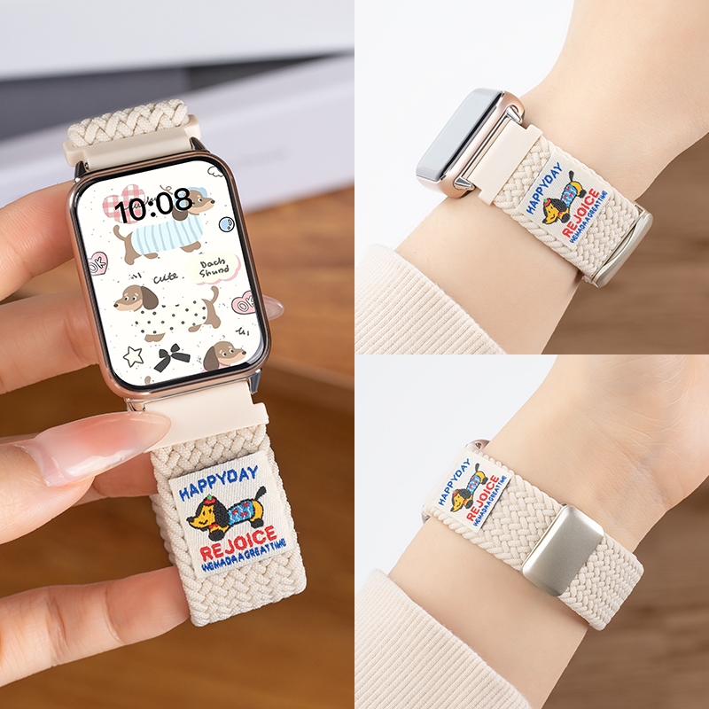 ลูกสุนัขน่ารักถักไนลอนแม่เหล็กหัวเข็มขัดสําหรับ Xiaomi Smart Band 9 Pro สมาร์ทวอท์ช Xiaomi Mi Band 9 8 Pro สร้อยข้อมือสายรัดข้อมืออุปกรณ์เสริม