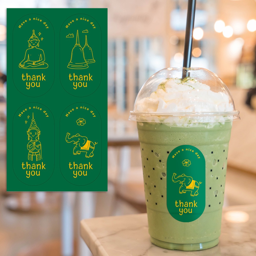100 ชิ้น/แพ็คสีเขียวขอบคุณสติกเกอร์รูปไข่ปิดผนึก Self-Adhesive ป้ายนมชาถ้วยกาแฟสติกเกอร์ตกแต่ง