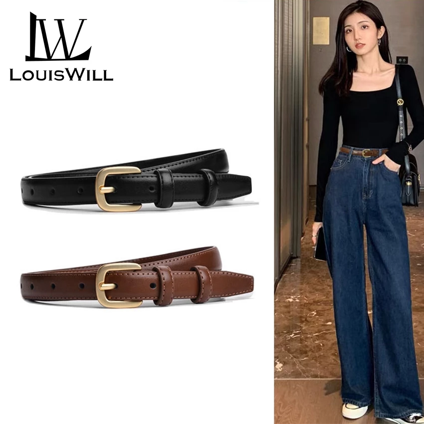 Louiswill เข็มขัดผู้หญิงเข็มขัดหนังสุภาพสตรี Skinny เข็มขัดผู้หญิง All-Match แฟชั่นสบายๆบางเอว สังกะสีอัลลอยด์หัวสําหรับกางเกงยีนส์กางเกงทองตกแต่ง Leisure B