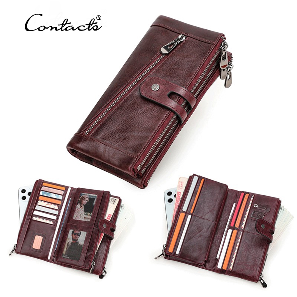 CONTACT'S กระเป๋าสตางค์หนังแท้ใบยาวผู้หญิงคลัทช์สีแดงซิปคู่ความจุขนาดใหญ่ธุรกิจ RFID