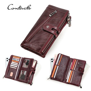 CONTACT'S กระเป๋าสตางค์หนังแท้ใบยาวผู้หญิงคลัทช์สีแดงซิปคู่ค…