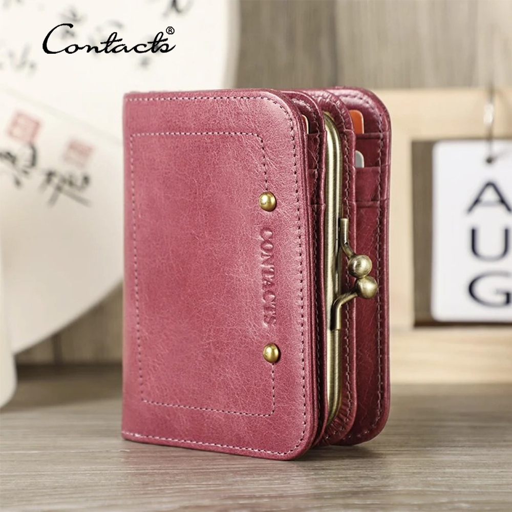 CONTACT'S กระเป๋าสตางค์หนังแท้ผู้หญิงทรัมเป็ตสั้นกระเป๋าสตางค์ Rfid ผู้ถือบัตรกร