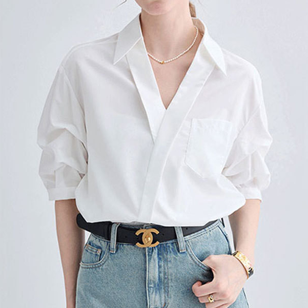 Hermarou เสื้อเชิ้ตผู้หญิงแขนสั้นผ้าบางธรรมดาคอวีชุดทํางานด้านบน