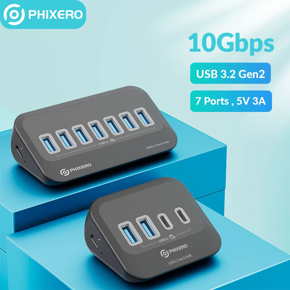 Phixero USB 3.2 Docking Station Hub 4 พอร์ต 7 พอร์ต PD60W 10Gbps Splitter Switch Dock Multi Port SD 