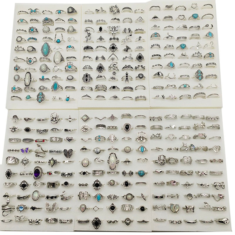 50 ชิ้น/ล็อตขายส่งผสมสไตล์โลหะผสม Finer แหวนผู้หญิง Vintage Silver Plated แหวนโอปอลเครื่องประดับสีดําเคลือบผีเสื้อหญิง