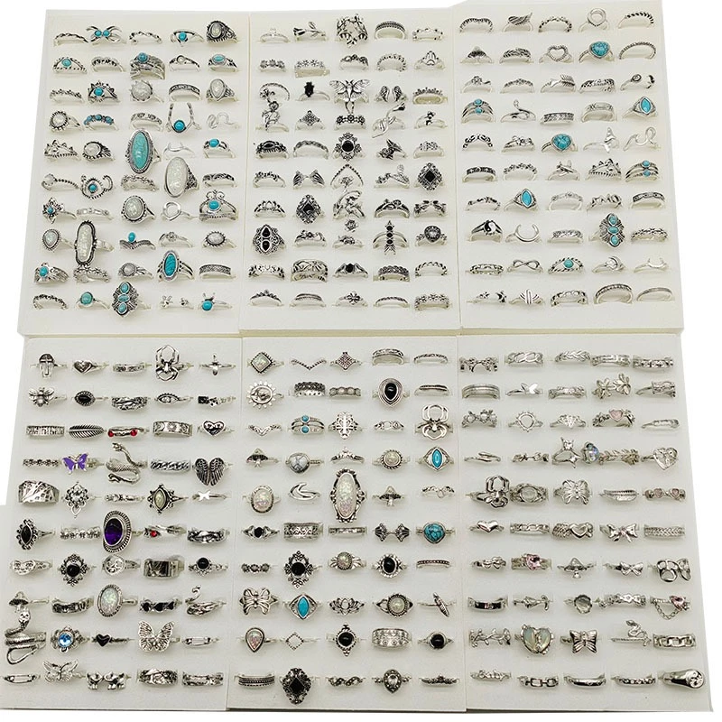 50 ชิ้น/ล็อตขายส่งผสมสไตล์โลหะผสม Finer แหวนผู้หญิง Vintage Silver Plated แหวนโอปอลเครื่องประดับสีดําเคลือบผีเสื้อหญิง