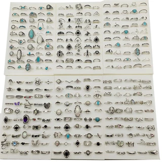 50 ชิ้น/ล็อตขายส่งผสมสไตล์โลหะผสม Finer แหวนผู้หญิง Vintage Silver Plated แหวนโอปอลเครื่องประดับสีดําเคลือบผีเสื้อหญิง