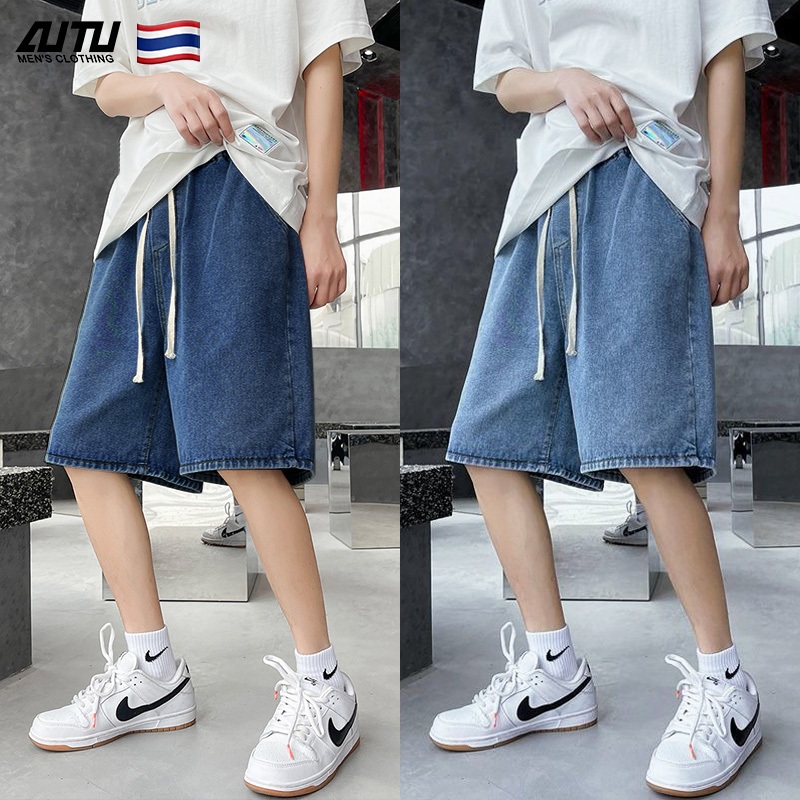 AUTU ใหม่ กางเกงขาสั้นผู้ชาย เอวยางยืด 3 สีให้เลือก ผ้ายีนส์ สไตล์สตรีท สไตล์เกาหลี หลวม สบาย แบบเรี