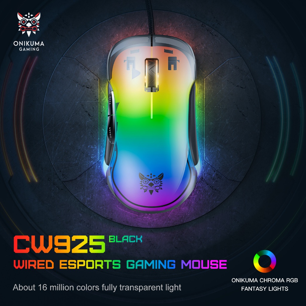 Onikuma CW925 เมาส์สําหรับเล่นเกม Optical Gaming Mouse ความแม่นยําสูงปรับ DPI 800-12800RGB Backlight